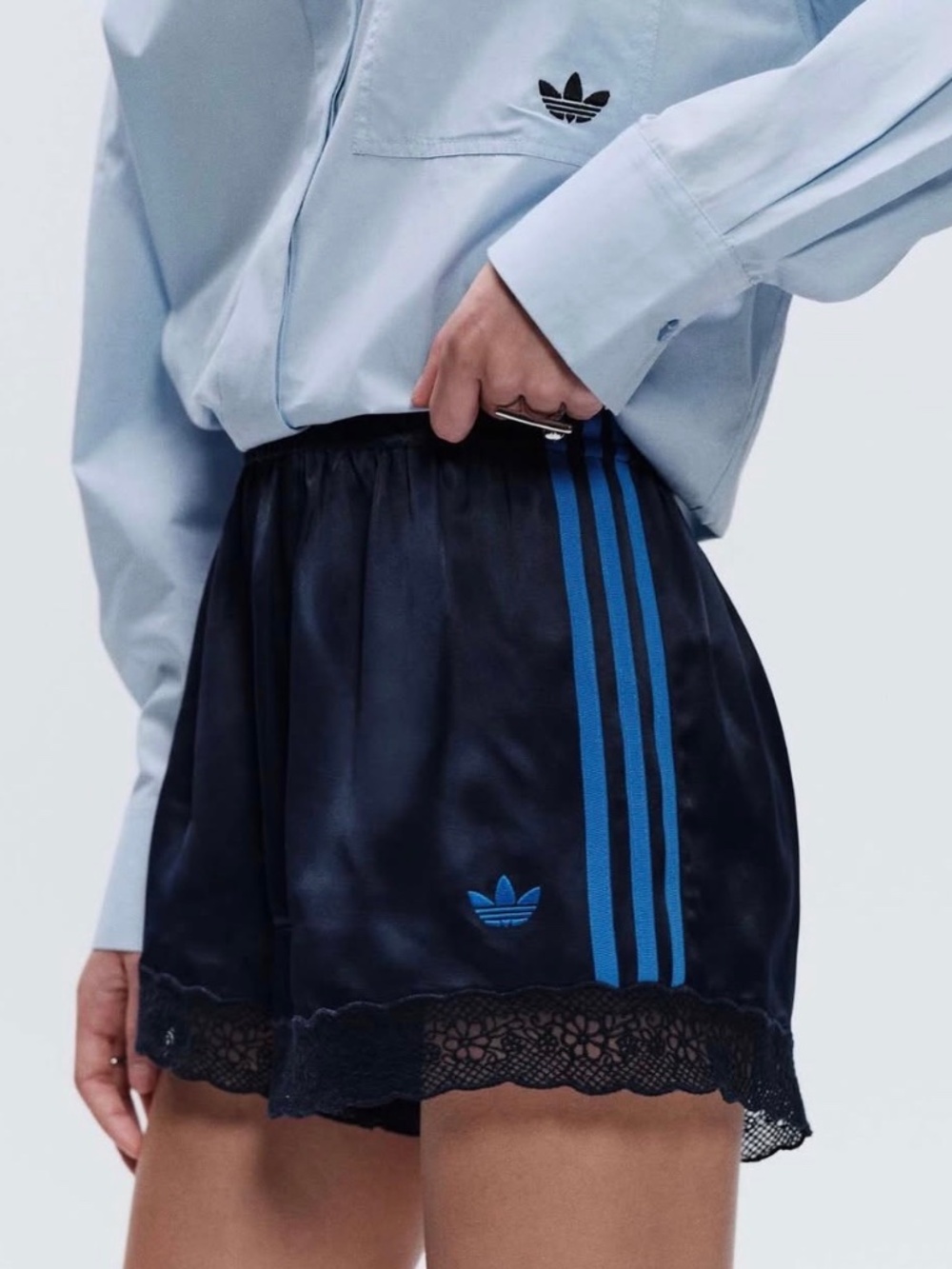 adidas Originals x ASOS lace hem shorts in navy satin